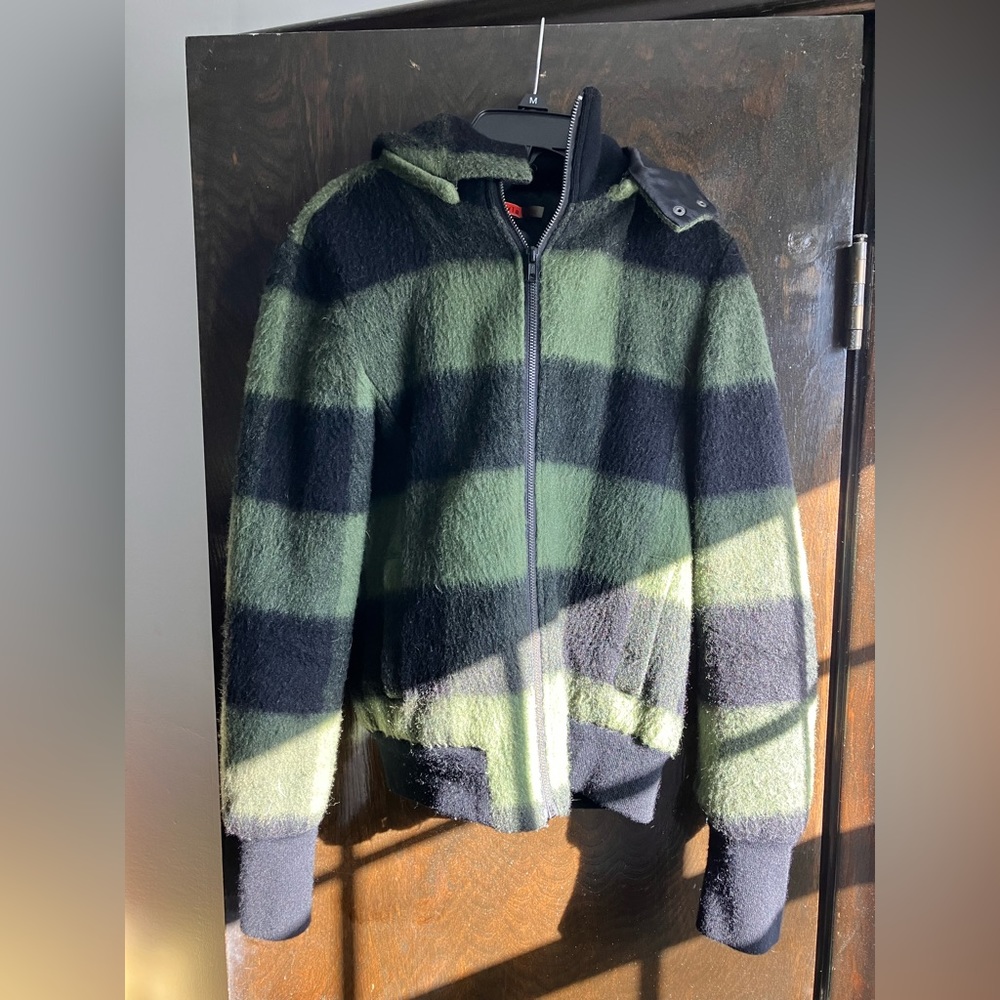 ALICE & OLIVIA GREEN PLAID BOMBER JACKET WITH HOOD